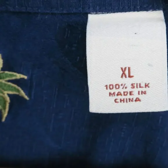 Caribbean 100% Silk Shirt Mens XL Navy Palm Textured Tropical Short Sleeve - Picture 8 of 11